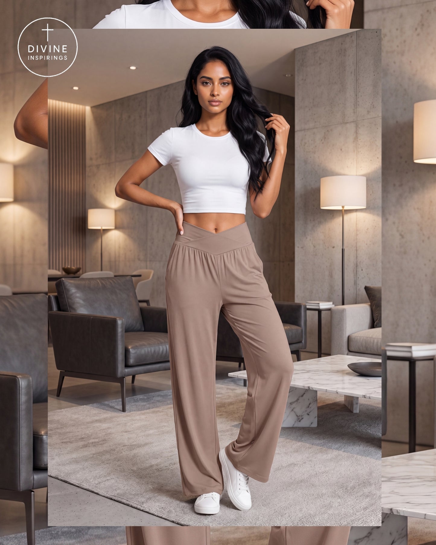 A woman modeling a white short-sleeve crop top and high-waisted taupe wide-leg pants in a modern living room setting. The Divine Inspirings logo is visible in the top left corner.