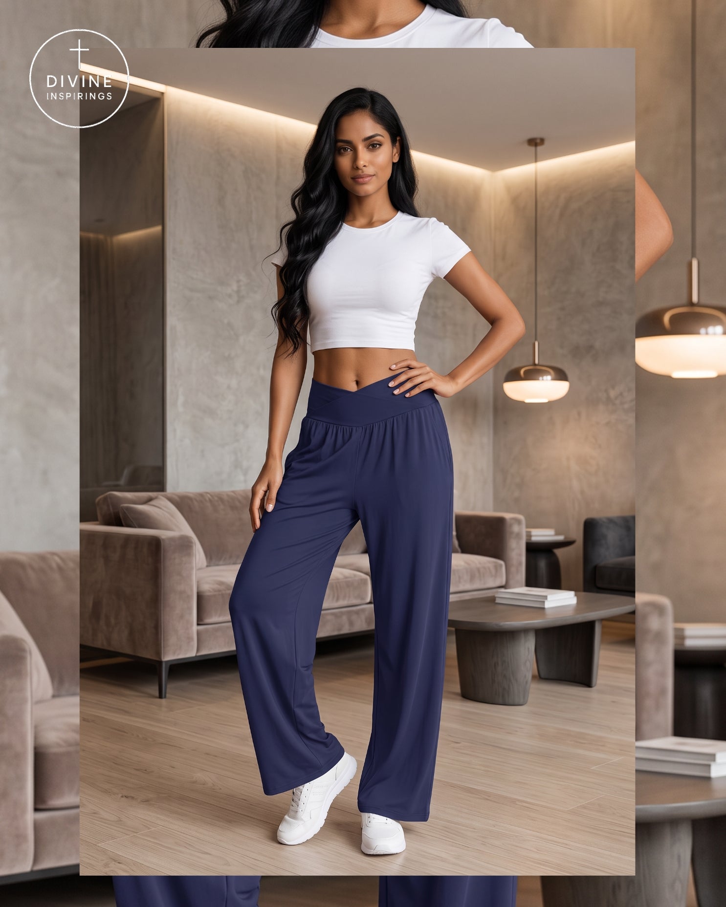 A woman modeling a two-piece outfit consisting of a white short-sleeve crop top and navy blue wide-leg pants, standing in a modern living room setting. The Divine Inspirings logo is visible in the top left corner.