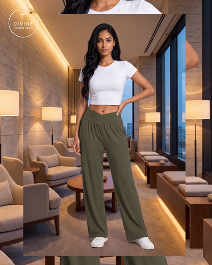 A woman modeling a white cropped short-sleeve top and olive green wide-leg pants in a modern, warmly lit lounge setting. The Divine Inspirings Brand logo is visible in the top-left corner.