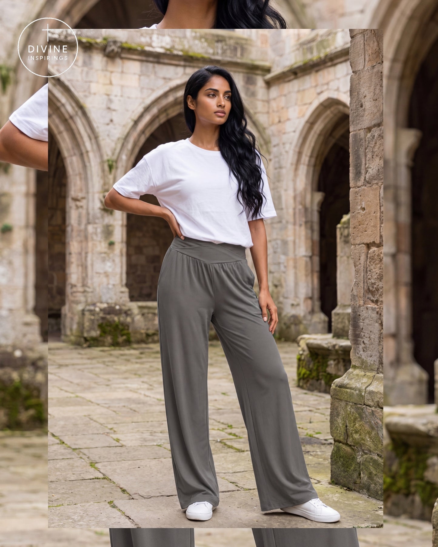 A woman stands in a stone courtyard wearing a white short-sleeve crewneck T-shirt and high-waisted, wide-leg gray pants with white sneakers. The image has a collage effect with a mirrored vertical strip on the left and bottom showing a close-up of the shirt sleeve and the full pants view.