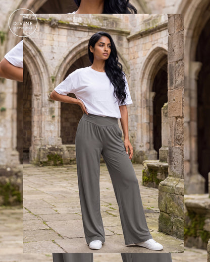A woman stands in a stone courtyard wearing a white short-sleeve crewneck T-shirt and high-waisted, wide-leg gray pants with white sneakers. The image has a collage effect with a mirrored vertical strip on the left and bottom showing a close-up of the shirt sleeve and the full pants view.