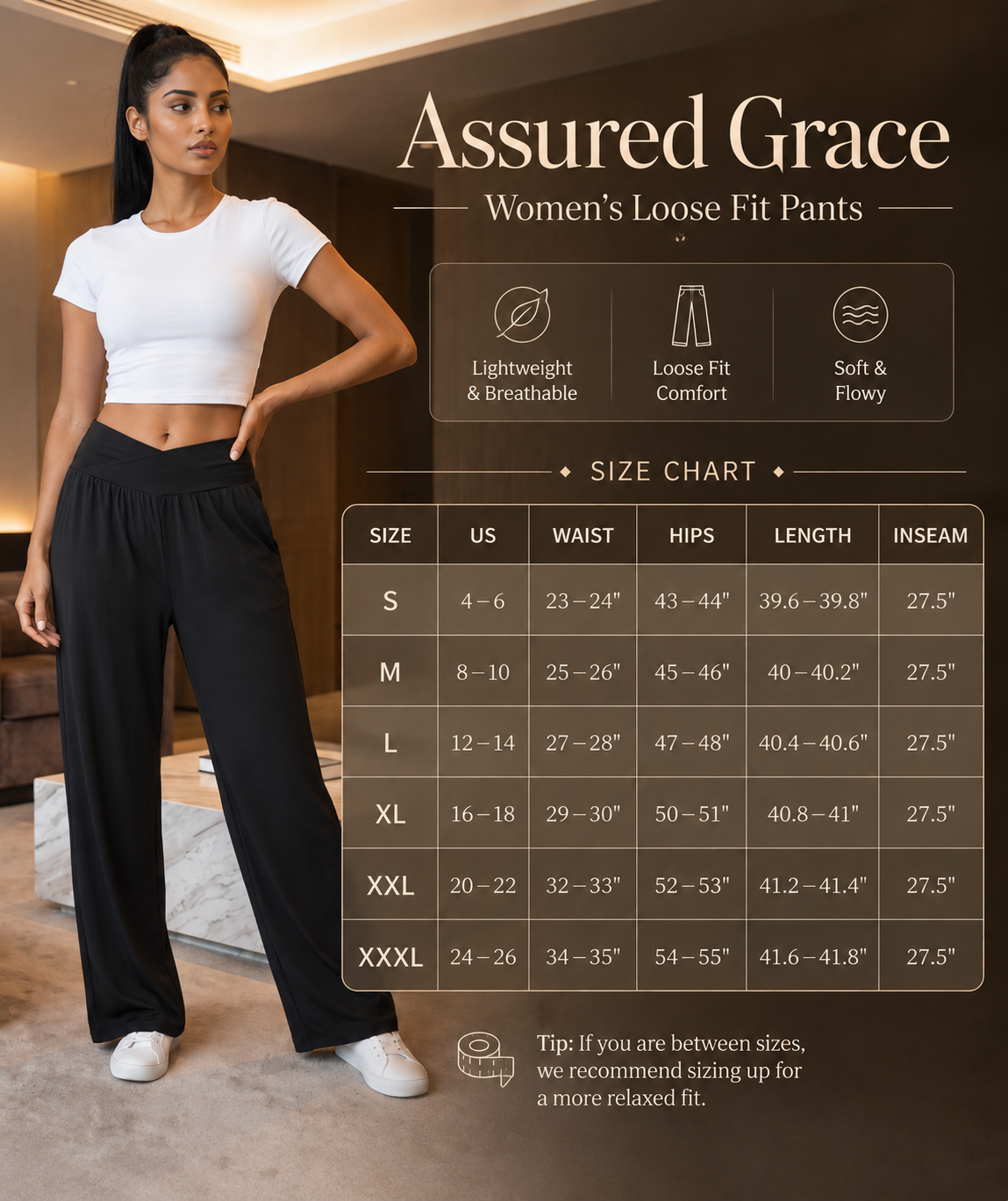 A woman modeling loose-fit women's pants in a home interior, with overlaid marketing text reading 'Assured Grace' and a size chart table listing sizes S through XXXL with waist, hips, length, and inseam measurements.
