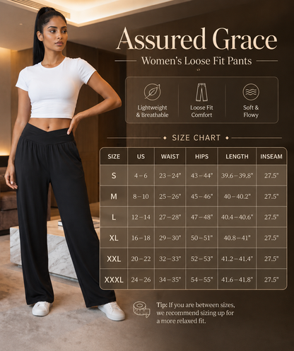 A woman modeling loose-fit women's pants in a home interior, with overlaid marketing text reading 'Assured Grace' and a size chart table listing sizes S through XXXL with waist, hips, length, and inseam measurements.