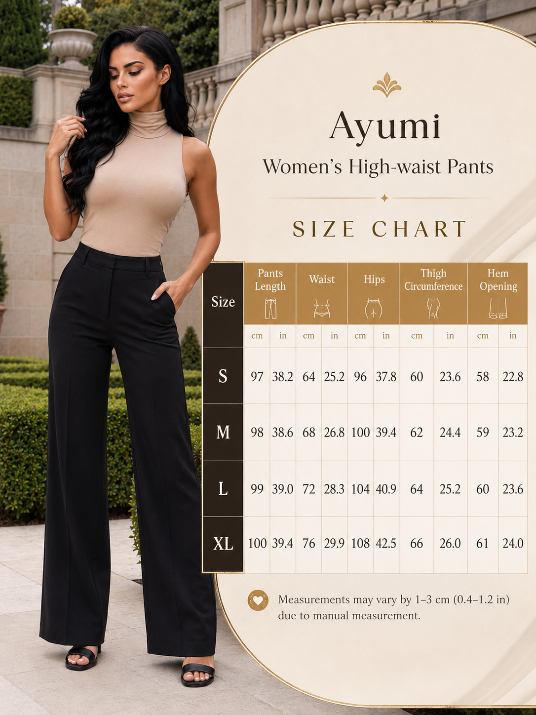 A woman modeling women's high-waisted wide-leg pants stands outdoors beside a large size chart graphic for Ayumi pants. The chart lists size measurements from S to XL with columns for pants length, waist, hips, thigh circumference, and hem opening.