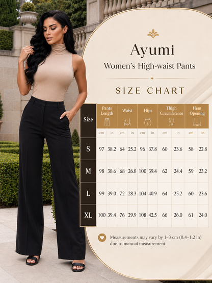 A woman modeling women's high-waisted wide-leg pants stands outdoors beside a large size chart graphic for Ayumi pants. The chart lists size measurements from S to XL with columns for pants length, waist, hips, thigh circumference, and hem opening.