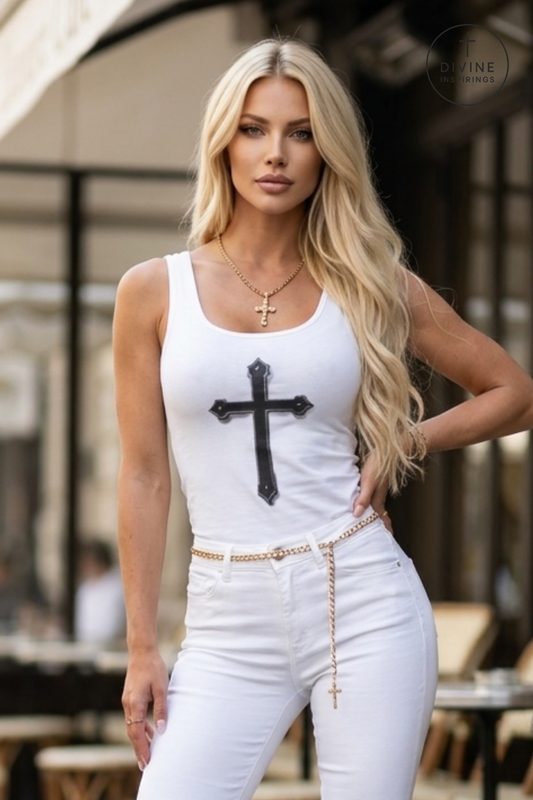 A blonde woman wearing a white tank top with a black cross graphic and white jeans, standing in an outdoor cafe setting.