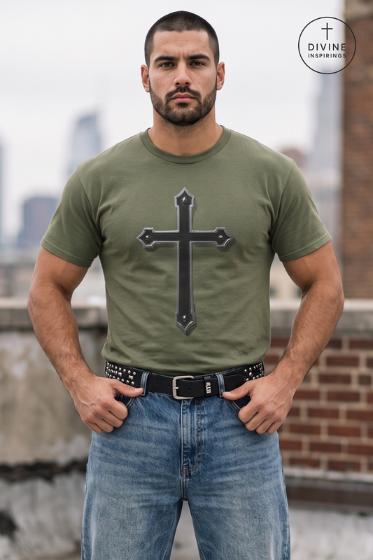 A man wearing an olive green t-shirt with a black cross graphic on the front, paired with blue jeans and a black studded belt, standing on a rooftop with a blurred city skyline in the background. A 'DIVINE INSPIRINGS' logo is visible in the top right corner.