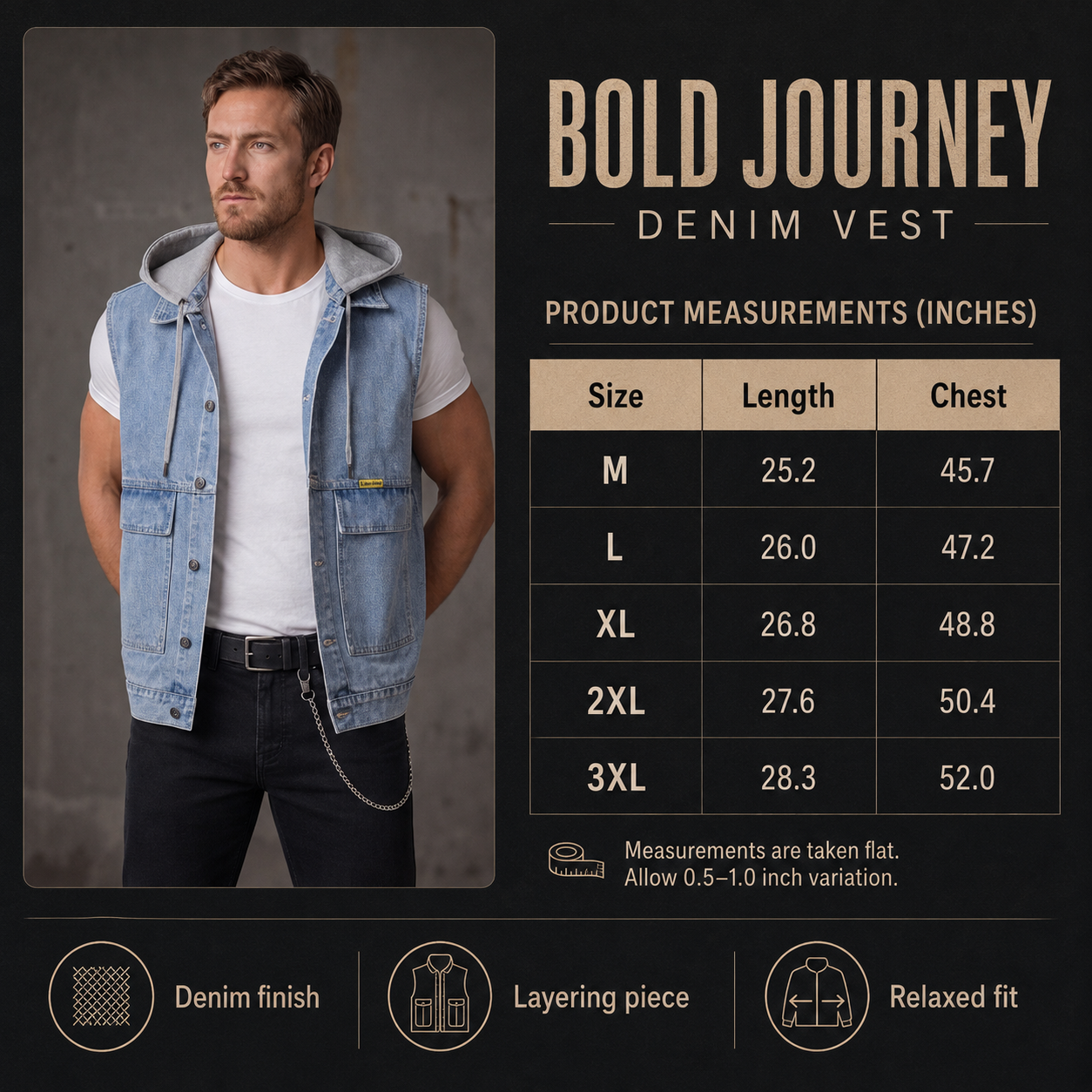 A sizing and fit graphic for the Bold Journey Denim Vest. On the left, a man models a light-wash denim vest over a white t-shirt and black pants.