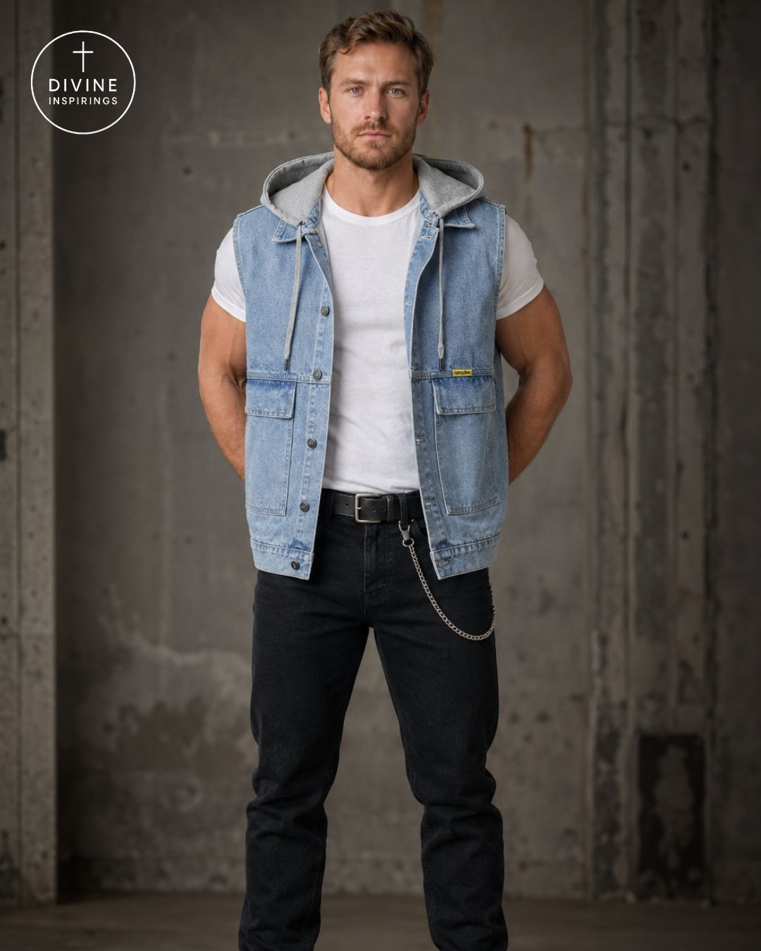 A man wearing a light blue denim hooded vest over a white t-shirt and dark jeans, standing against a textured concrete wall. The DIVINE INSPIRINGS logo is visible in the top left corner.