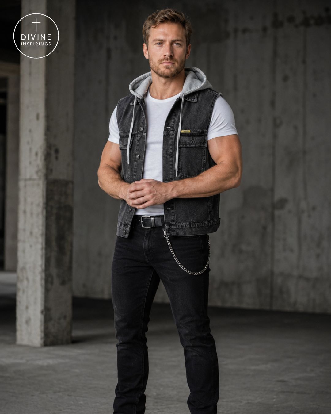 A man wearing a black denim vest over a white t-shirt and black jeans, standing in a concrete industrial setting. A circular 'DIVINE INSPIRINGS' logo is visible in the top-left corner.