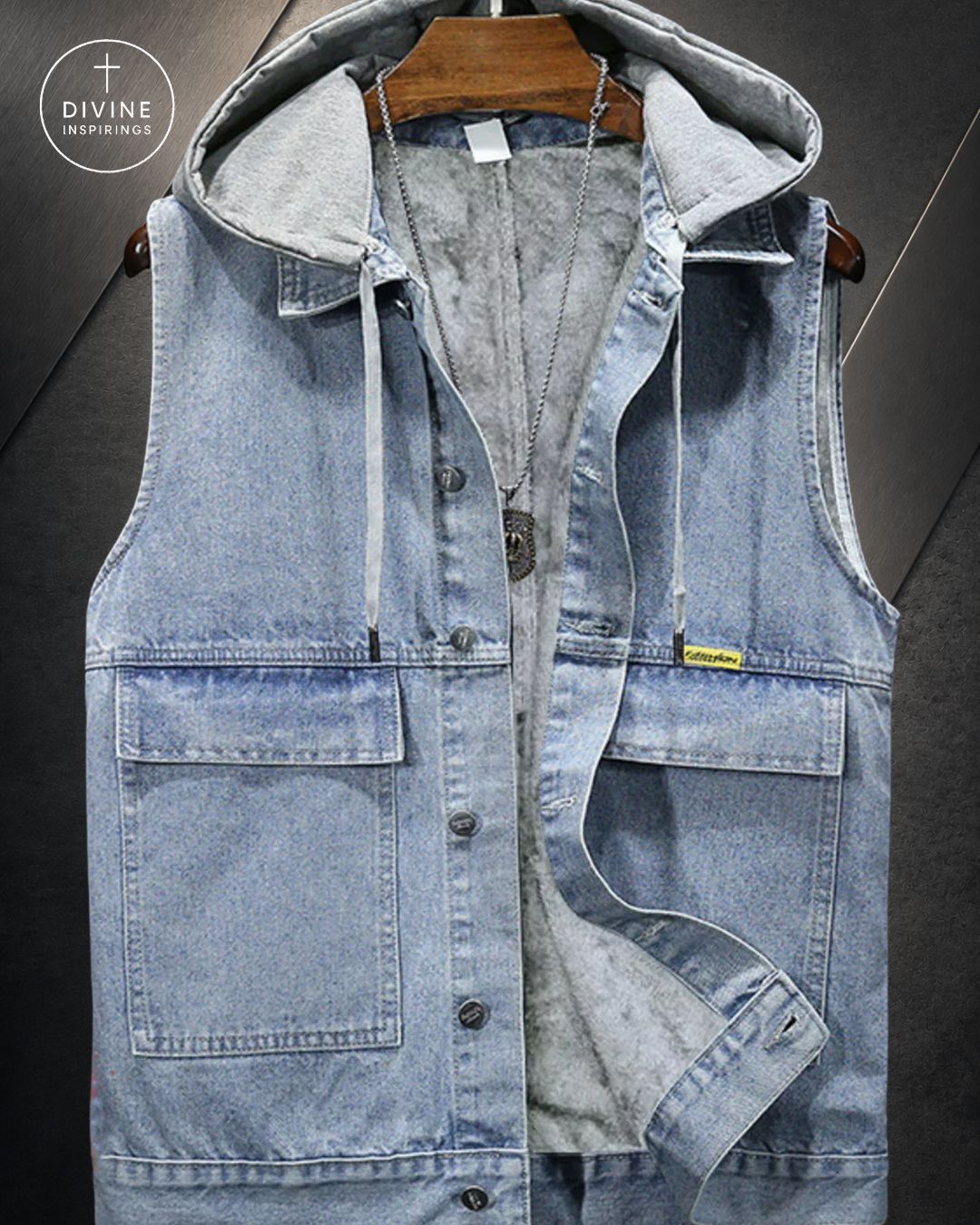 A light blue denim hooded vest with a button-front closure and flap chest pockets, hanging on a wooden hanger against a dark background. A small yellow tag is visible on the right chest, and a circular 'DIVINE INSPIRINGS' logo appears in the top-left corner.