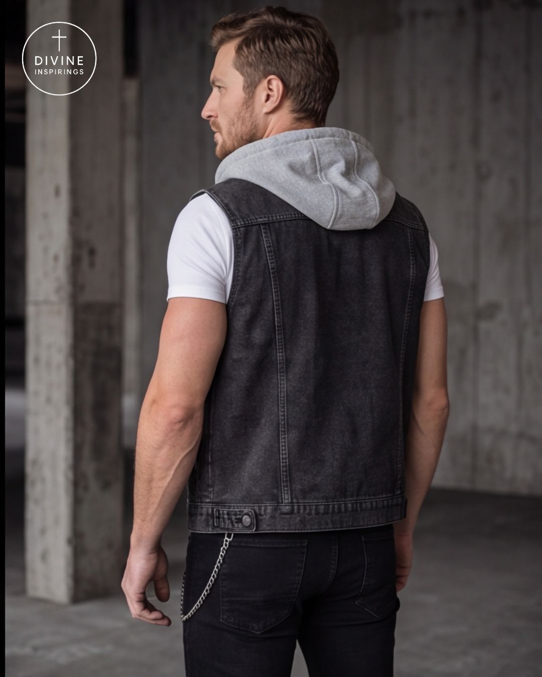 A man shown from the back wearing a dark gray washed denim vest over a light gray hoodie, white t-shirt, and black jeans in an industrial concrete setting. A DIVINE INSPIRINGS logo is visible in the top left corner.