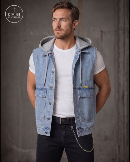 A man wearing a light blue denim hooded vest over a white t-shirt and dark jeans, standing against a textured gray concrete wall. The DIVINE INSPIRINGS logo is visible in the top left corner.