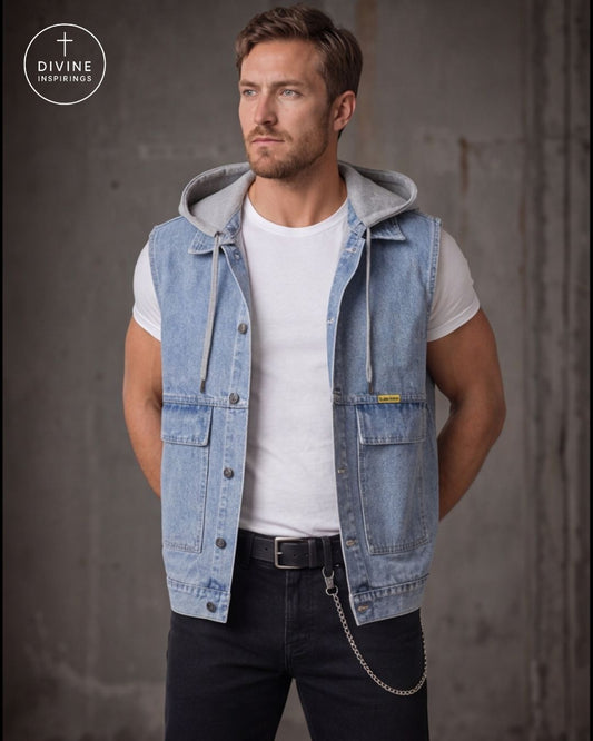 A man wearing a light blue denim hooded vest over a white t-shirt and dark jeans, standing against a textured gray concrete wall. The DIVINE INSPIRINGS logo is visible in the top left corner.