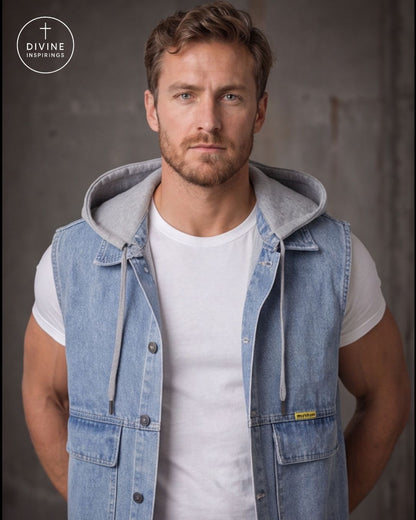 A man wearing a light blue denim sleeveless hooded vest over a white t-shirt, standing against a textured gray studio background. The DIVINE INSPIRINGS logo is visible in the top left corner.