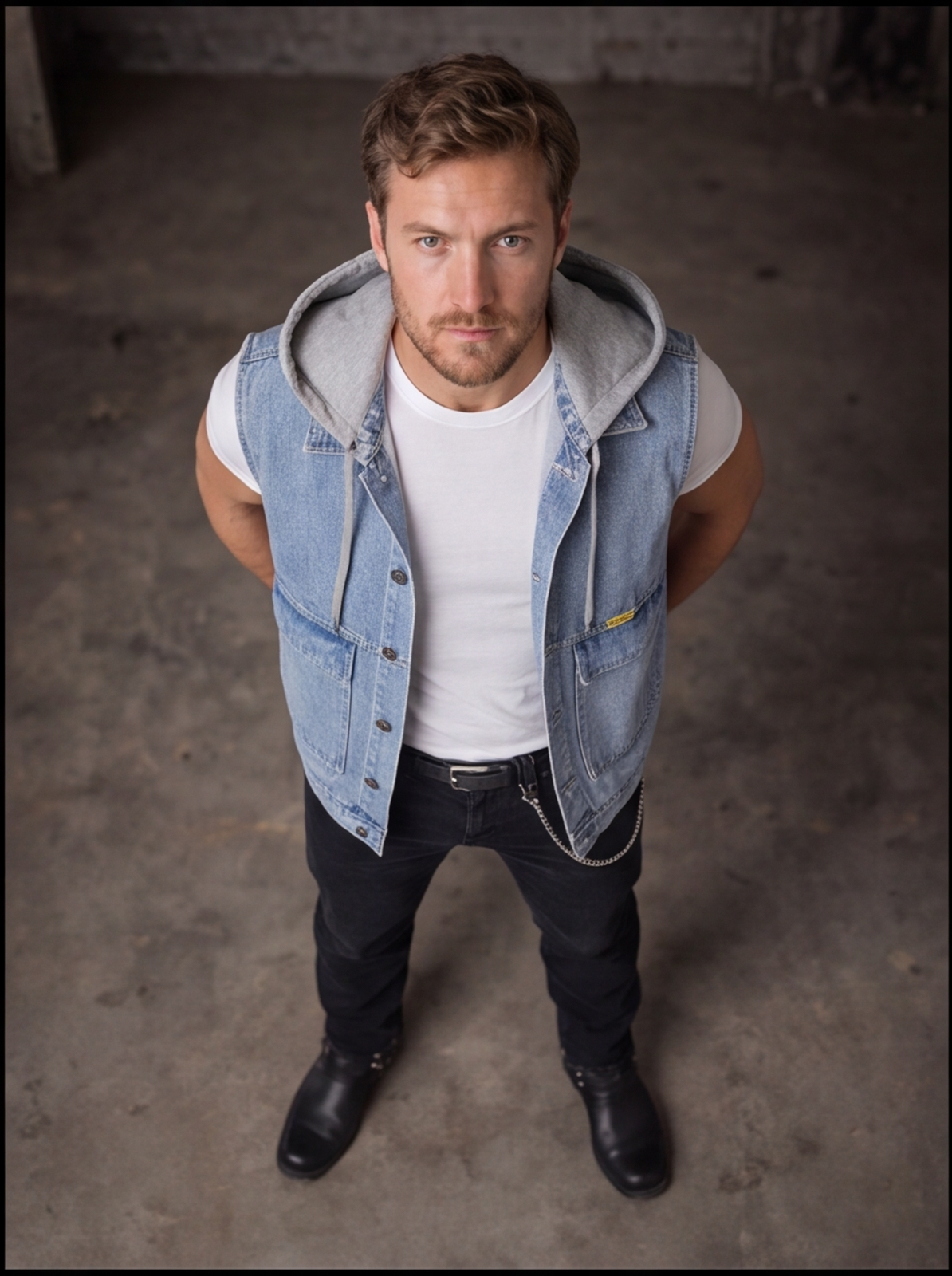 A man wearing a light blue denim vest over a white t-shirt, black jeans, and black boots, standing in a dark concrete room looking up.