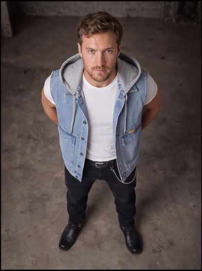 A man wearing a light blue denim vest over a white t-shirt, black jeans, and black boots, standing in a dark concrete room looking up.