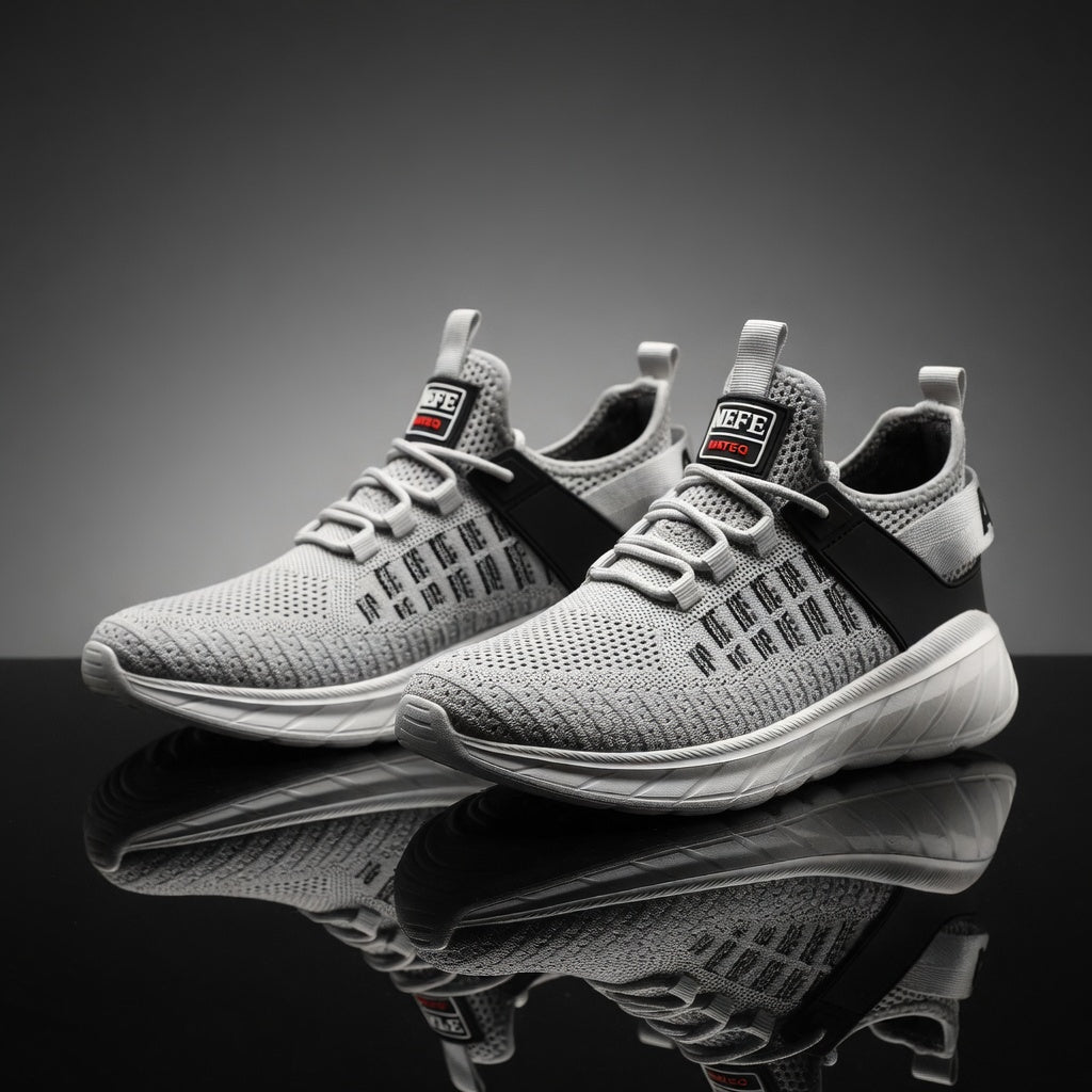 Gray athletic shoes with a reflective surface on a dark background