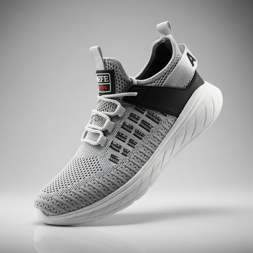 Gray athletic shoe with black accents on a gray background