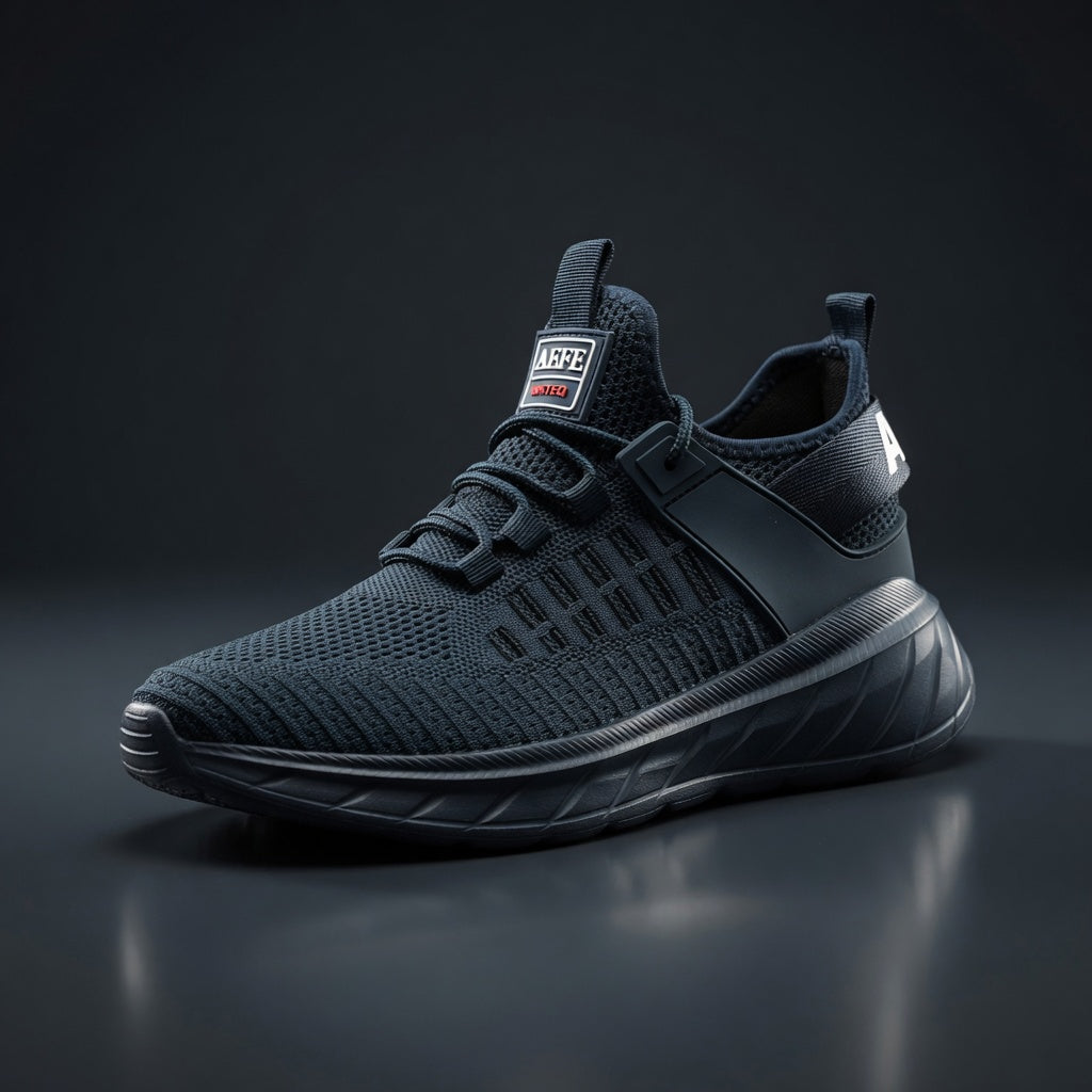 Navy blue athletic shoe on a dark background