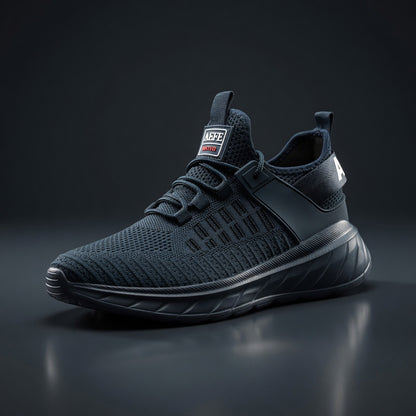 Navy blue athletic shoe on a dark background