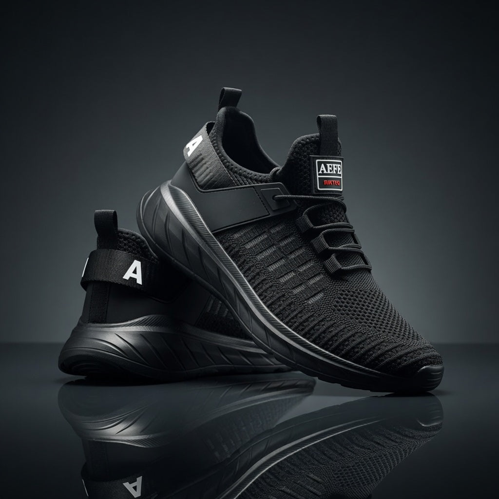Black athletic shoes with brand logo on a reflective surface