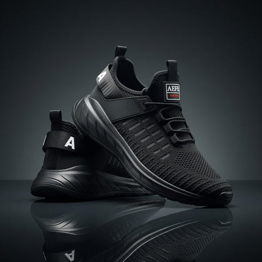 Black athletic shoes with brand logo on a reflective surface