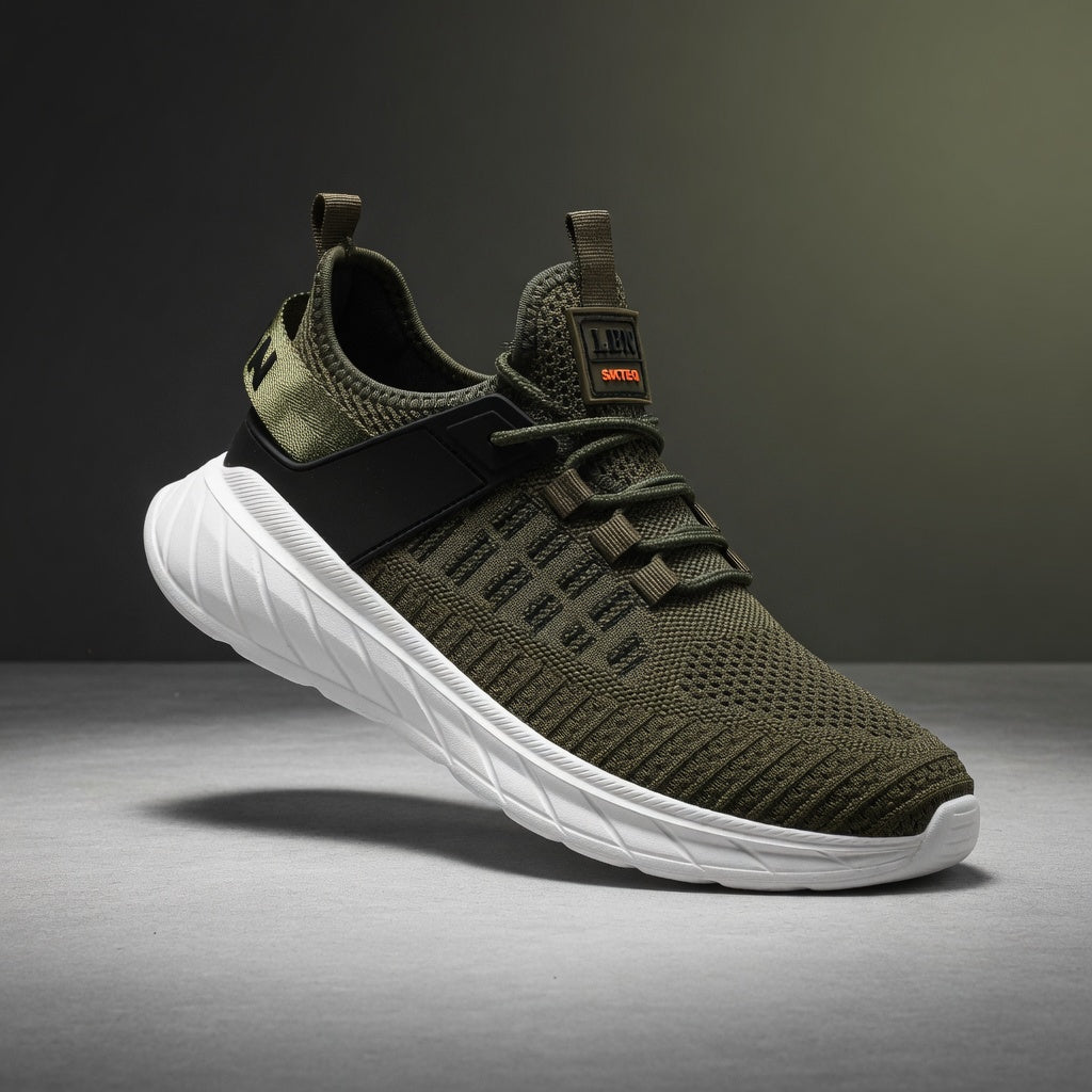 Green athletic shoe with white sole on a gray background