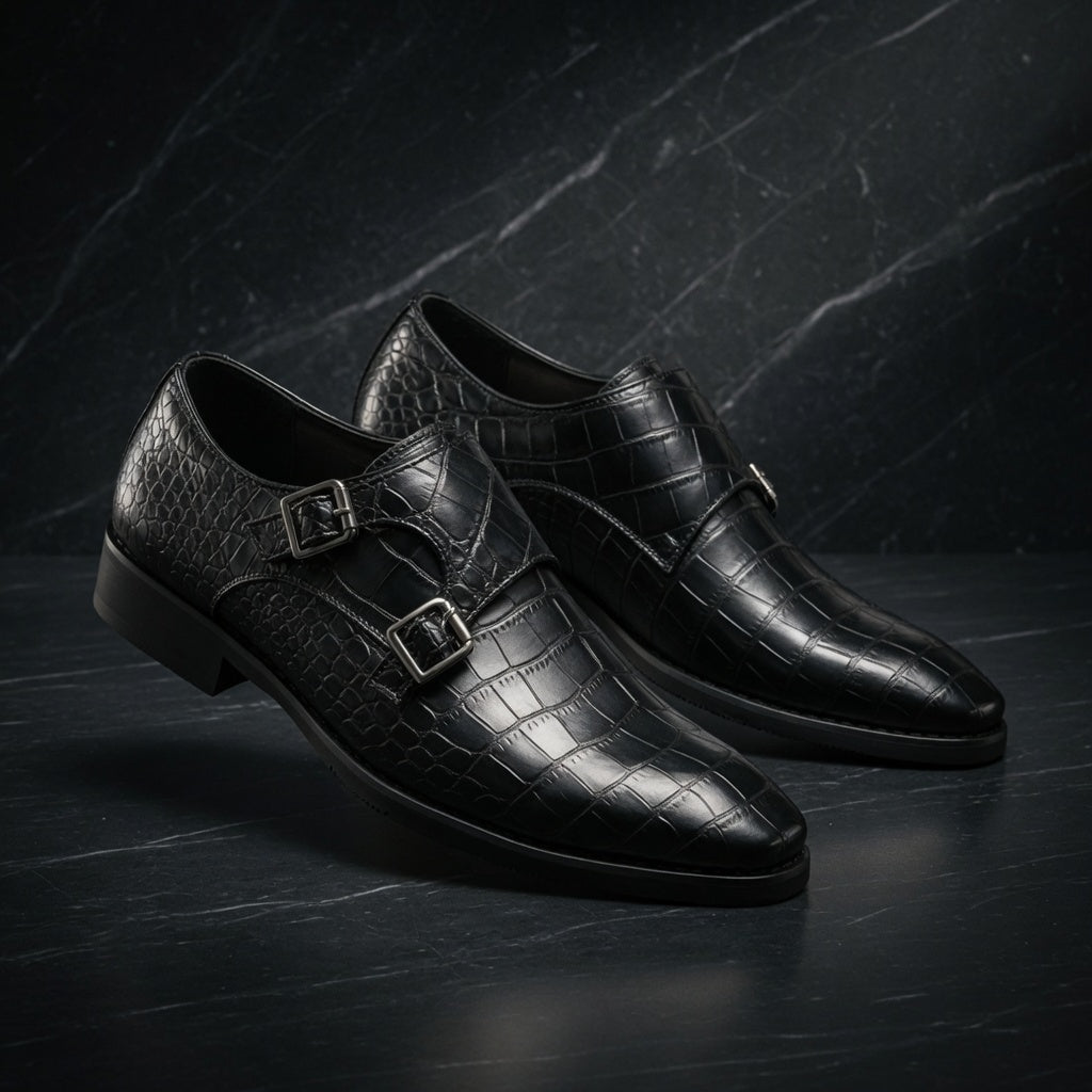 Pair of black crocodile-patterned dress shoes on a dark textured background