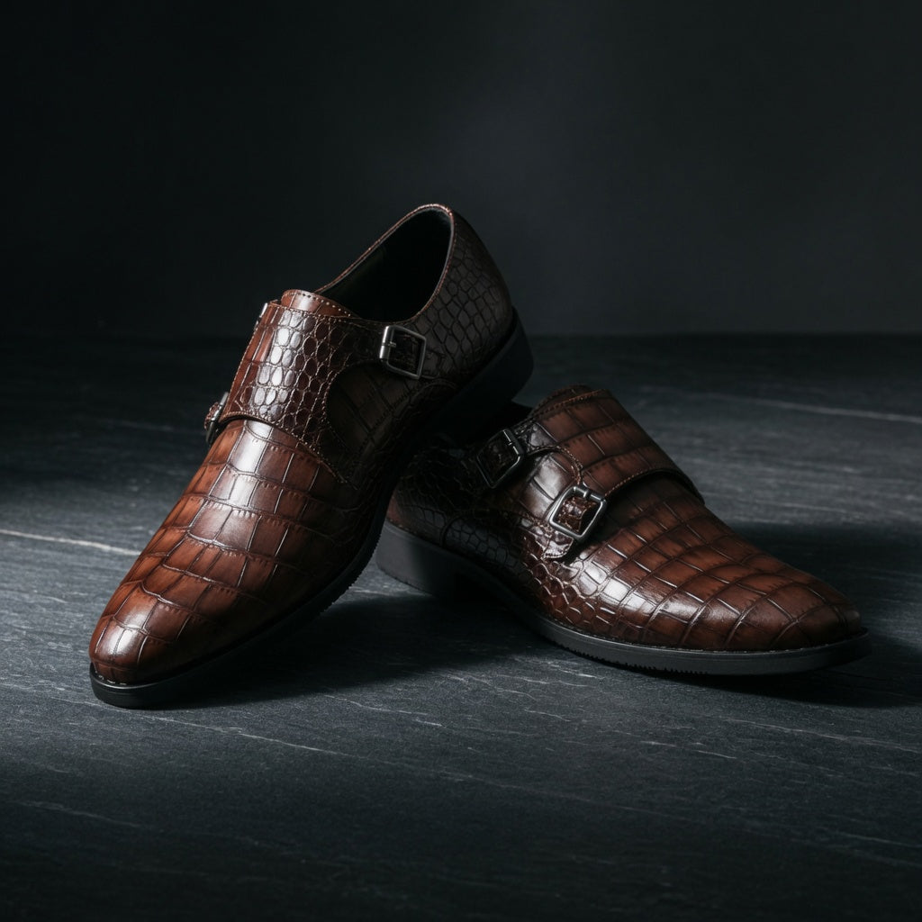 Pair of brown leather shoes with buckle details on a dark surface