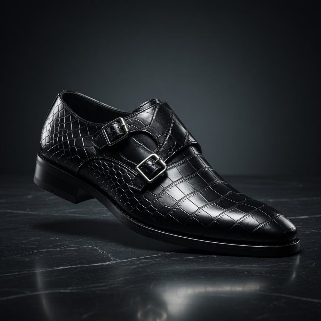 Black leather dress shoe with double buckle on a dark surface
