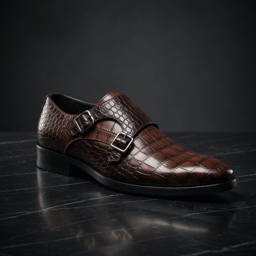 Brown leather shoe with a glossy finish on a dark surface