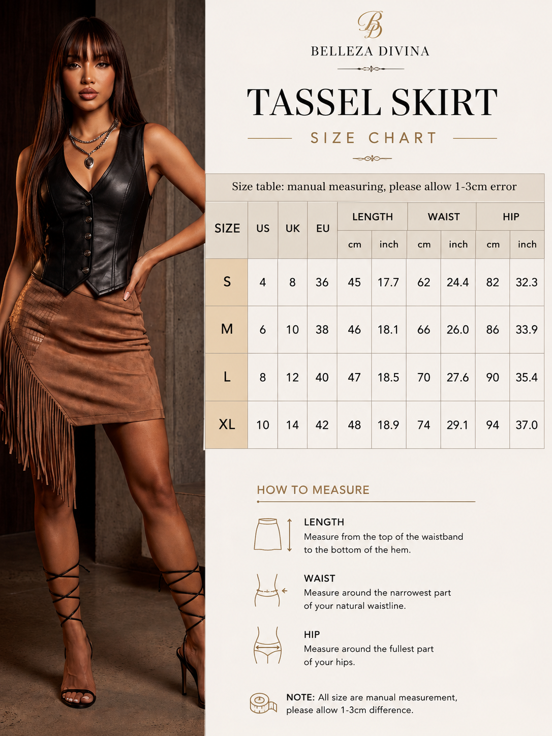 A size chart graphic for the Belleza Divina Tassel Skirt, featuring a model on the left wearing the skirt and a size measurement table on the right with instructions on how to measure length, waist, and hip.