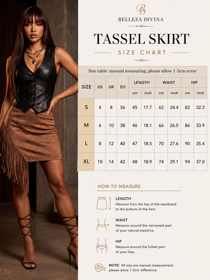 A size chart graphic for the Belleza Divina Tassel Skirt, featuring a model on the left wearing the skirt and a size measurement table on the right with instructions on how to measure length, waist, and hip.