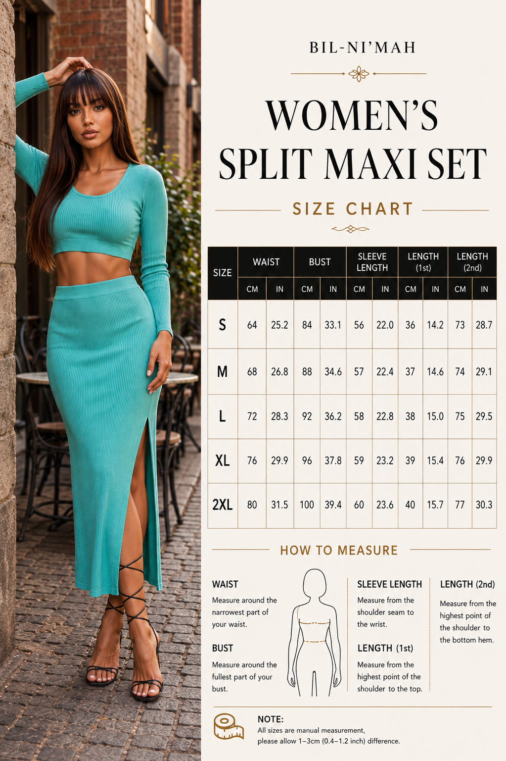 A promotional size chart and measurement guide for the Bil-N'Mah Women's Split Maxi Set, featuring a model wearing a turquoise two-piece set on the left and a detailed size chart and instructions on the right.