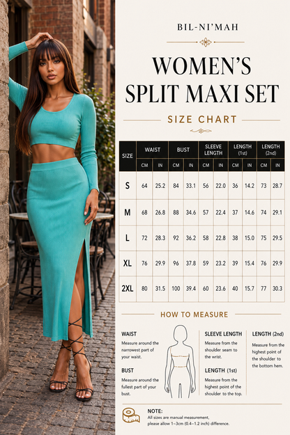 A promotional size chart and measurement guide for the Bil-N'Mah Women's Split Maxi Set, featuring a model wearing a turquoise two-piece set on the left and a detailed size chart and instructions on the right.