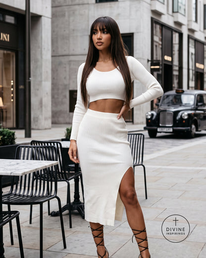 A woman stands on a city street wearing a matching ribbed knit two-piece outfit consisting of a white long-sleeve crop top and a high-slit midi skirt. The background features urban architecture, outdoor cafe tables, and a classic black cab.