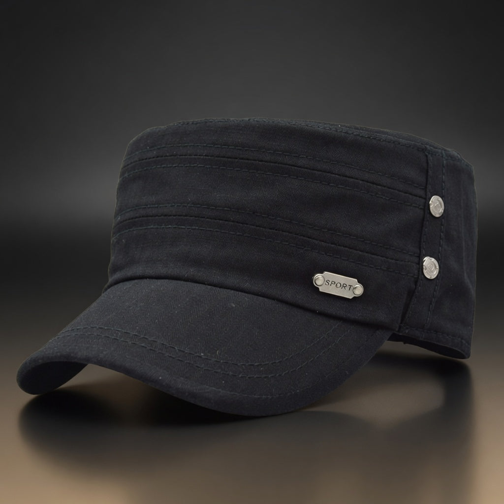 Black cap with a brand tag on a dark background