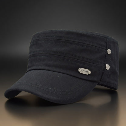 Black cap with a brand tag on a dark background