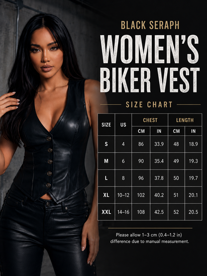 A promotional graphic for a women's biker vest in black seraph leather, featuring a model wearing the vest on the left and a size chart table on the right with text reading 'BLACK SERAPH WOMEN'S BIKER VEST' and a size chart.