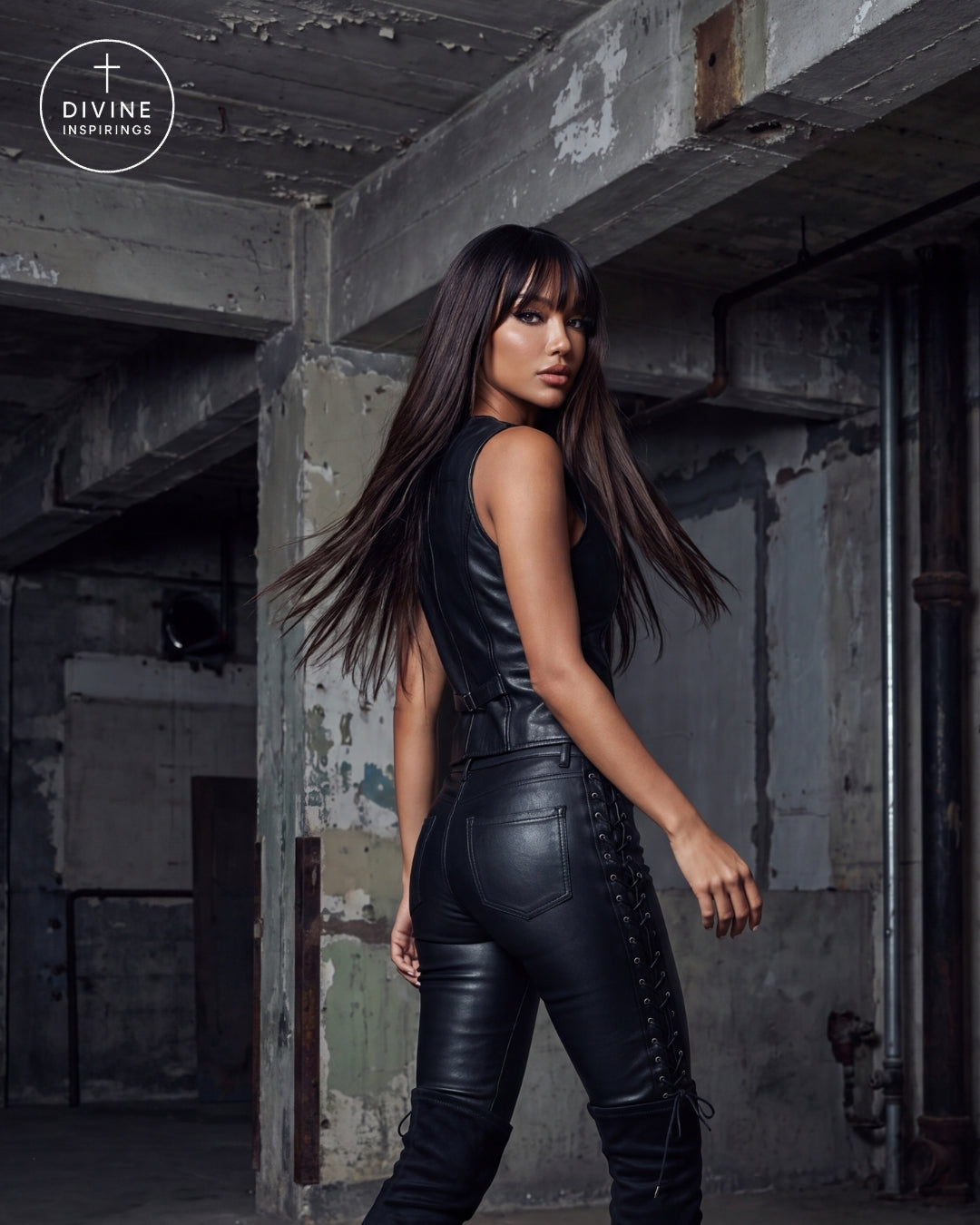 A woman with long dark hair models a black faux-leather sleeveless top and matching high-waisted lace-up pants in a gritty, industrial loft setting. The Divine Insprings logo is visible in the top-left corner.