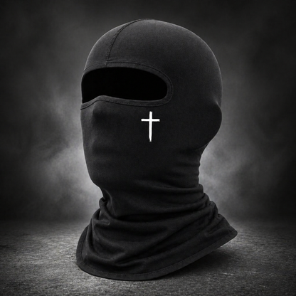 Black balaclava with a white cross on a dark background