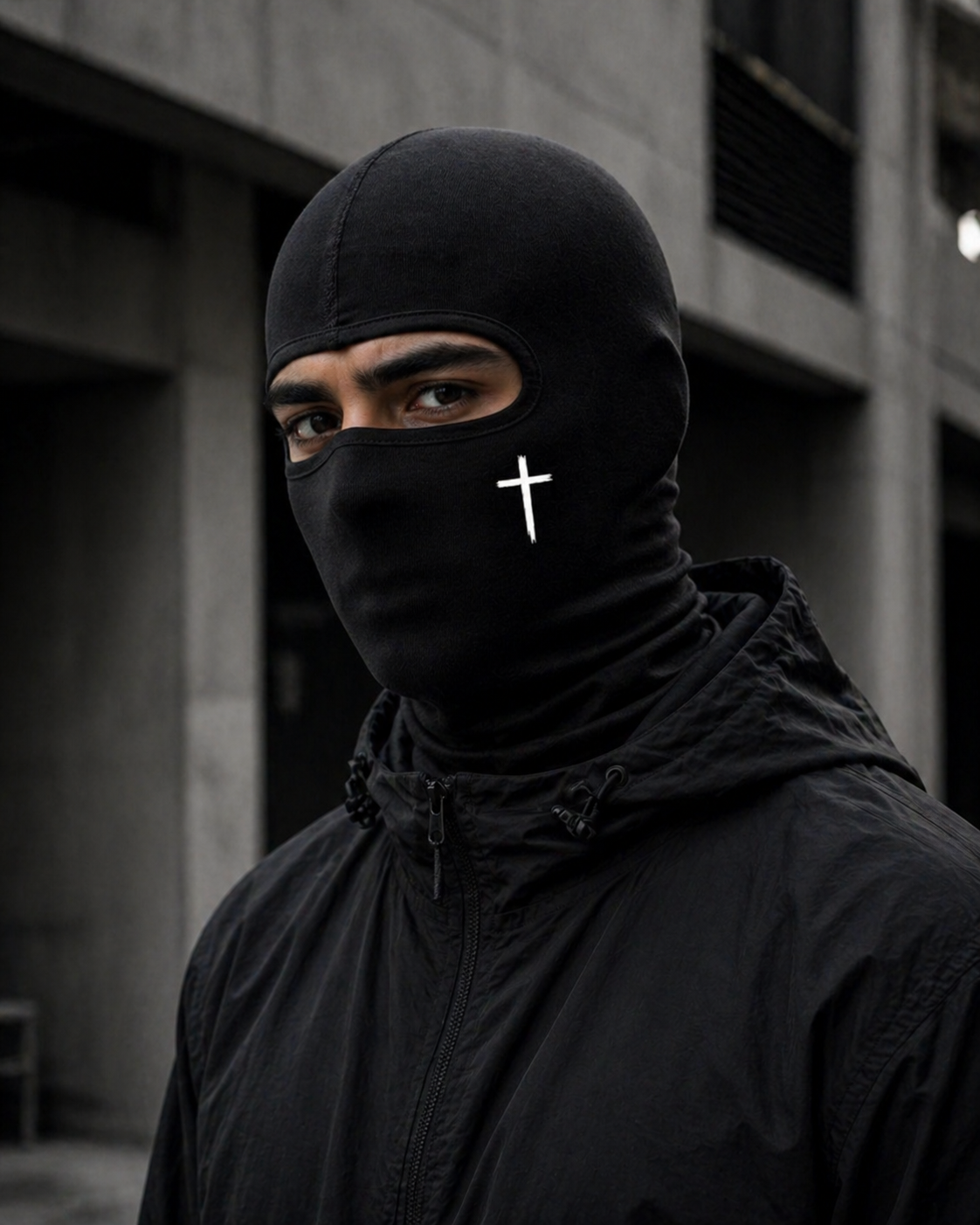 Person wearing a black balaclava with a white cross symbol in an urban setting