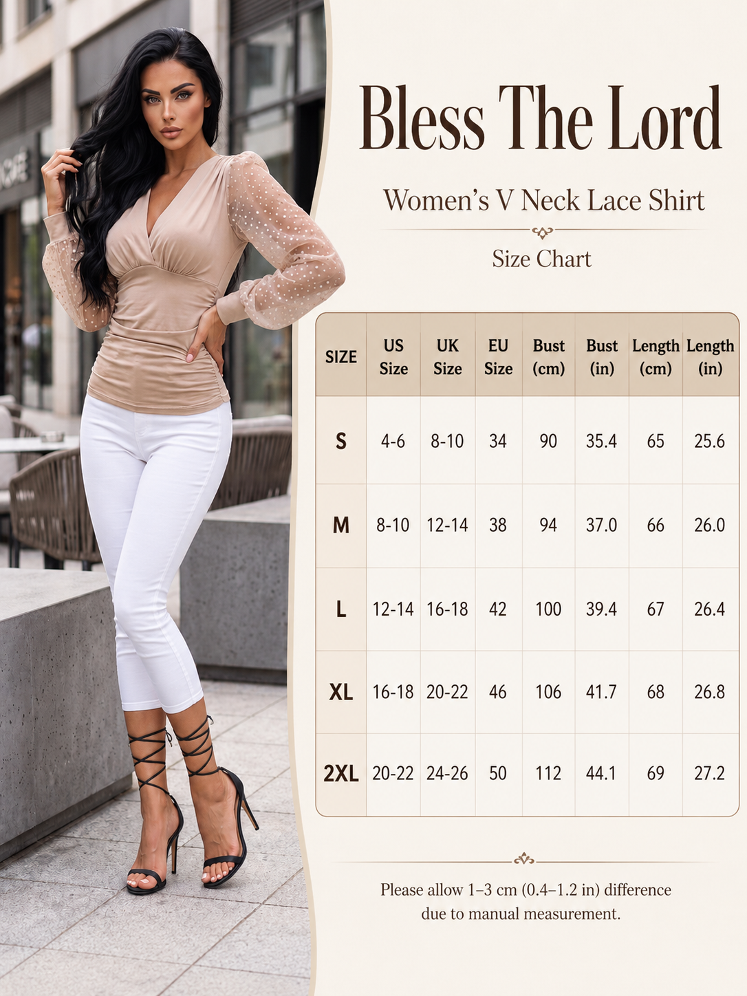 A size chart graphic for a women's V-neck lace shirt. On the left, a woman models a beige lace long-sleeve top with white pants and black lace-up heels.