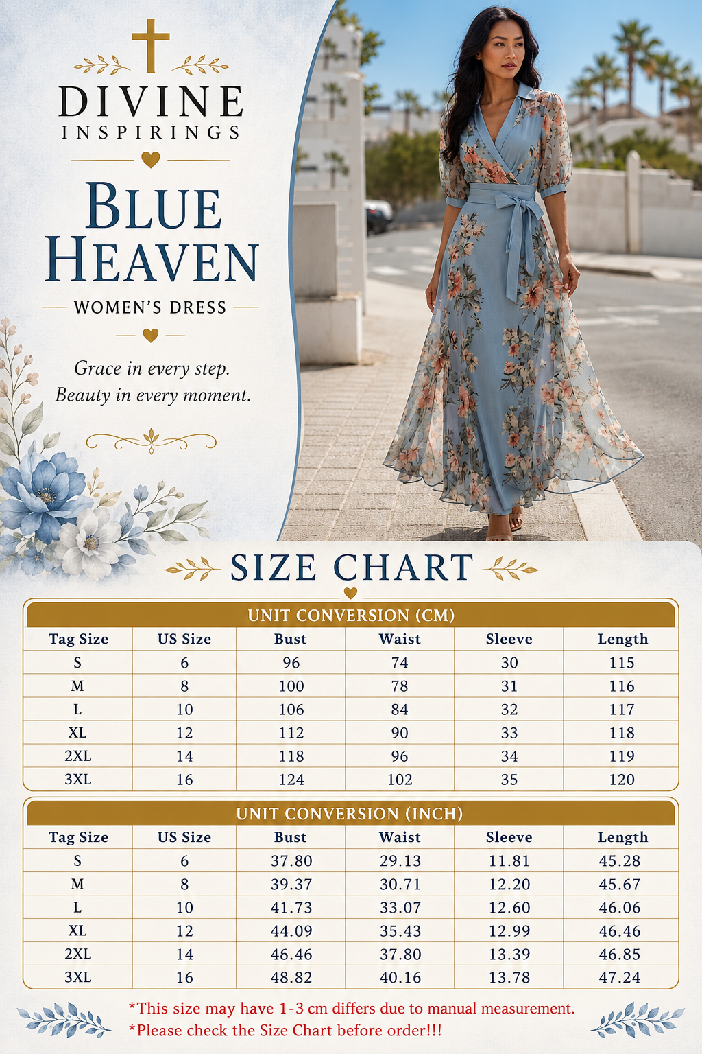 Woman wearing a blue floral dress with a size chart on a white background
