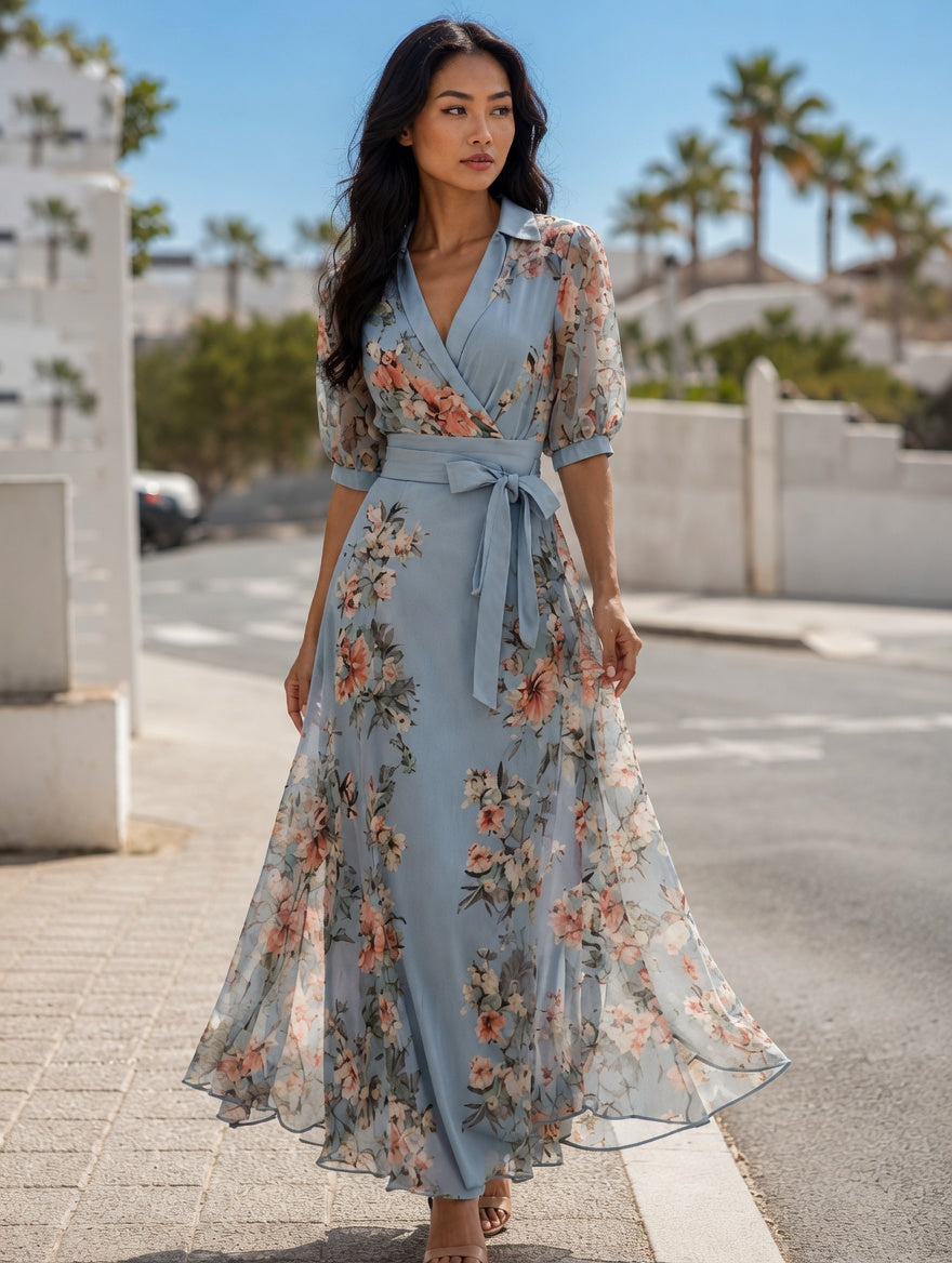 Woman wearing a floral dress with a blurred background of palm trees and buildings