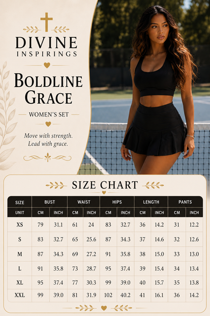 Woman in athletic wear standing on a tennis court with 'Divine Inspirings Boldline Grace' branding and size chart.