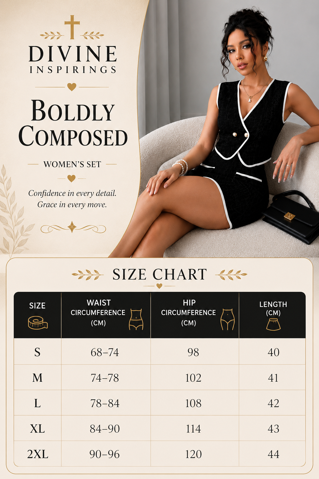 Woman in a black outfit with a size chart for 'Divine Inspirings' clothing line.