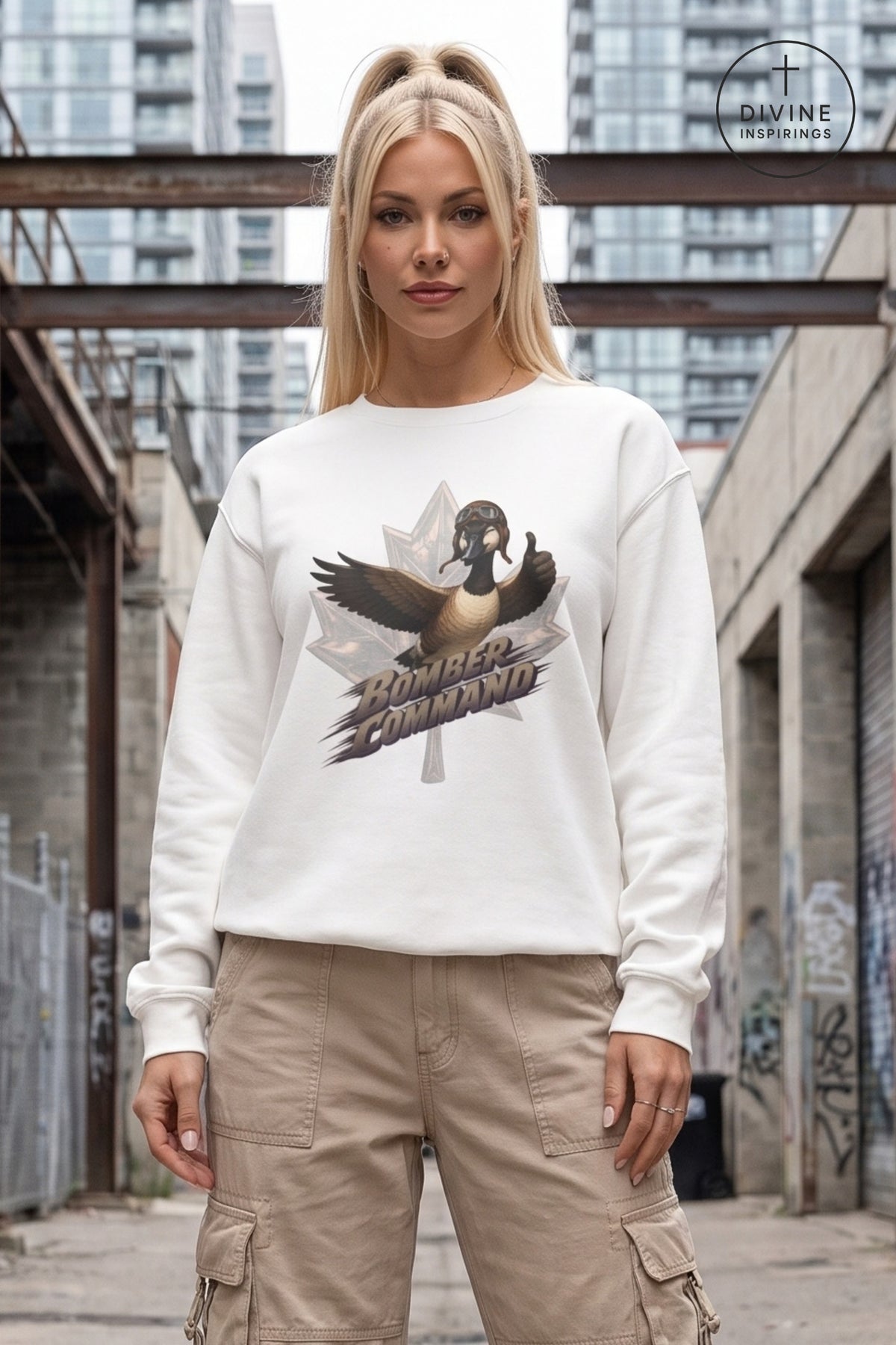 A blonde woman stands in an urban alley wearing a white crewneck sweatshirt with a graphic of a goose and the text 'BOMBER COMMAND' over a maple leaf, paired with beige cargo pants. A 'DIVINE INSPIRINGS' logo is visible in the top right corner.