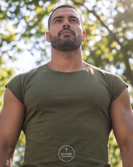 A muscular man wearing an olive green crew-neck t-shirt, photographed from the chest up against a blurred background of green trees.